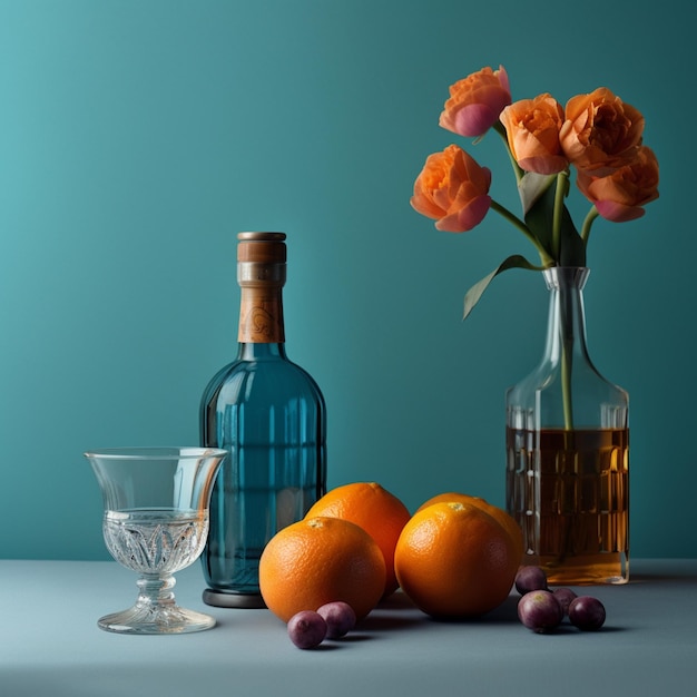 A blue bottle with orange flowers and a glass on a table.