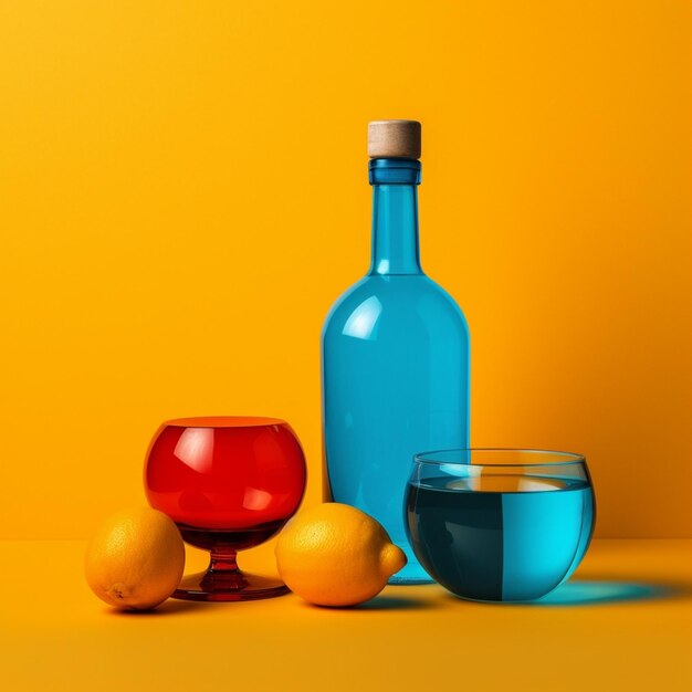 Синяя бутылка с красной крышкой стоит рядом с двумя стаканами апельсинов.