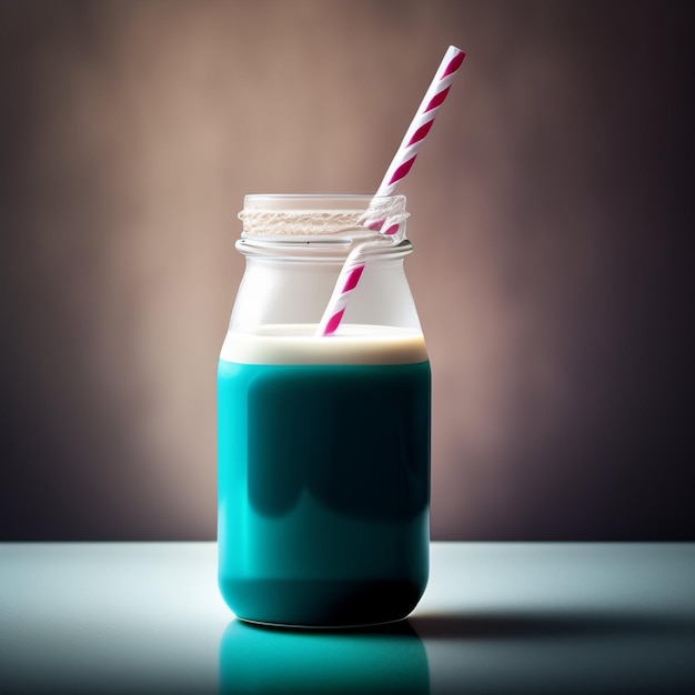 A blue bottle with a red and white straw sits on a table.