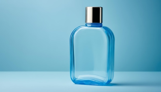 A blue bottle with a silver cap