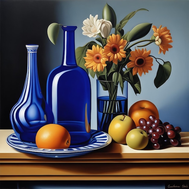 blue bottles fruits and flowers on the table still life style by Catherine abel by stephen gibb