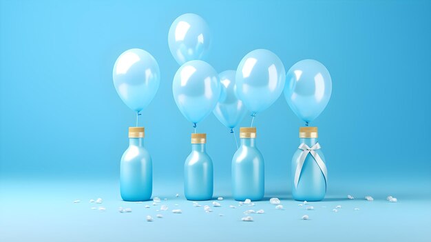 Blue bottles with balloons in a row and a ribbon tied around them