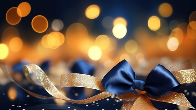 Photo a blue bow with gold ribbon on it is decorated with lights