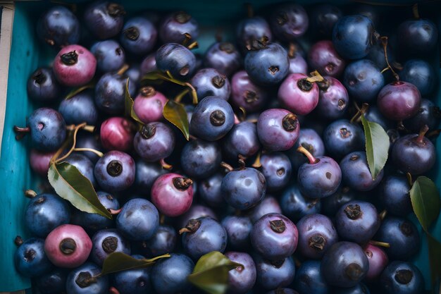 A blue bowl of blueberries with green leaves on the side.