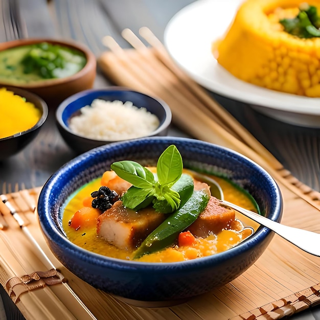 a blue bowl filled with food on top of a wooden table