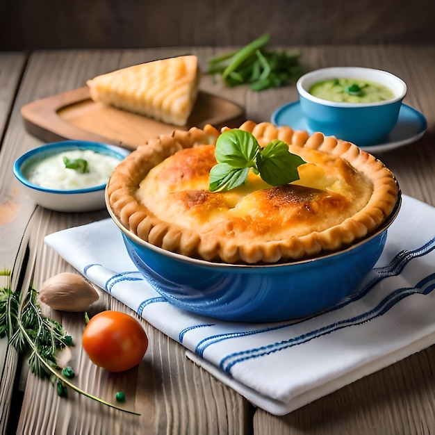 a blue bowl filled with a pie on top of a wooden table