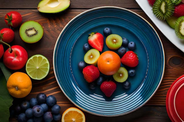 Photo a blue bowl of fruit with a blueberry on it