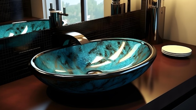 A blue bowl shaped sink in a bathroom with a window behind it.