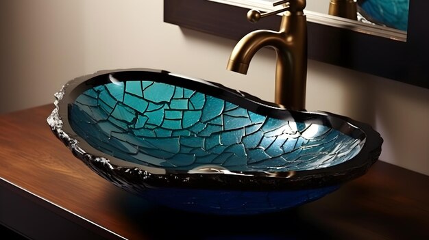 A blue bowl sink in a bathroom with a gold faucet.