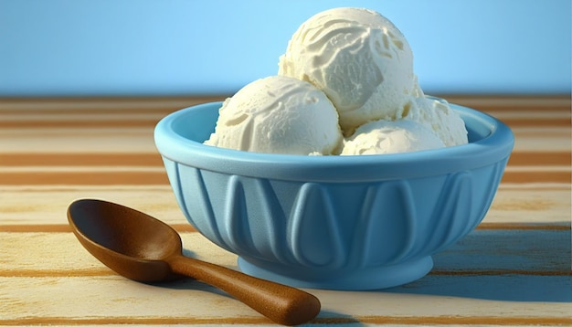 A blue bowl of vanilla ice cream sits on a wooden table