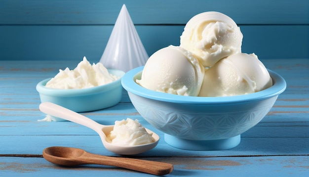 A blue bowl of vanilla ice cream with a spoon next to it