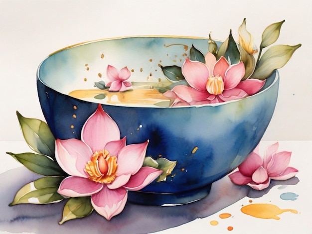 a blue bowl with flowers and leaves on it