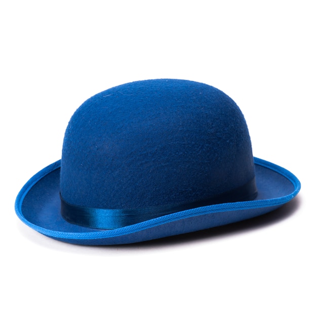 A blue bowler hat on a white 