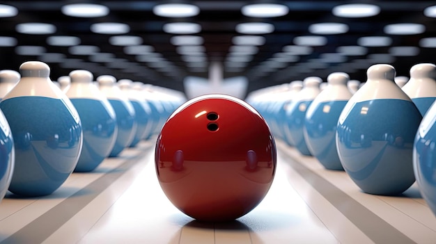 blue bowling ball in between many bowls in the style of light gray and crimson