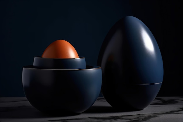 ダークブルーのミニマルな構図のキッチンの静物画のスタイルの青いボウルと茶色の卵