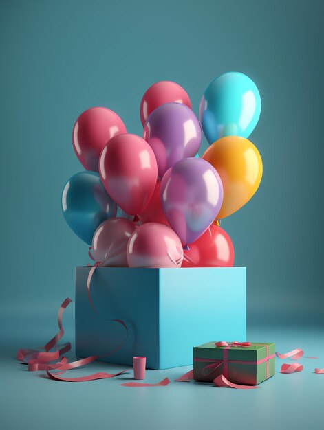 A blue box with a bunch of colorful balloons in front of a gift box.