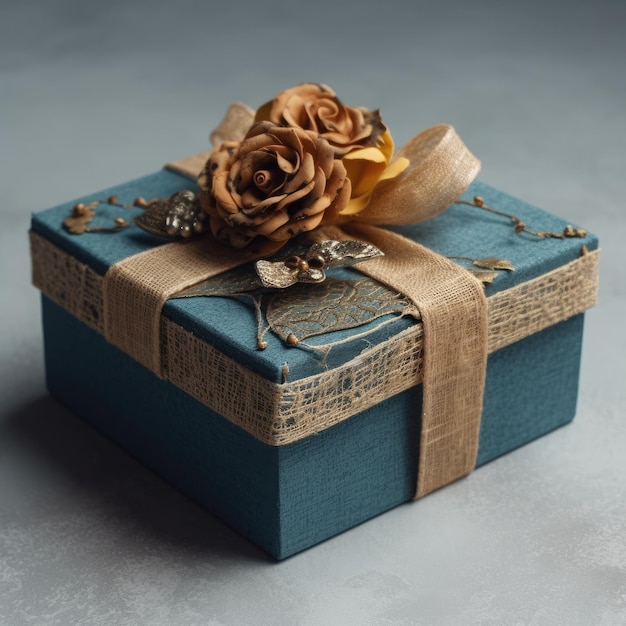 A blue box with a gold ribbon and a gold bow on it.