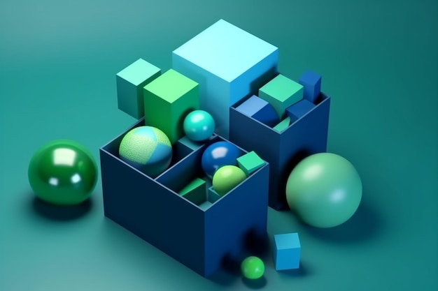 A blue box with green balls in it and a green ball in the middle.