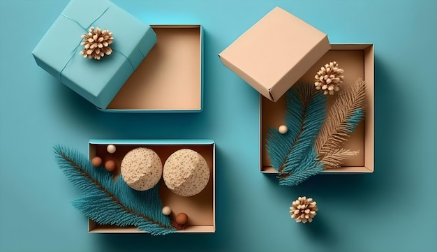Синяя коробка с сосновой шишкой и коробкой с рождественскими украшениями на ней.