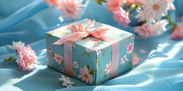 A blue box with a pink ribbon and flowers on it