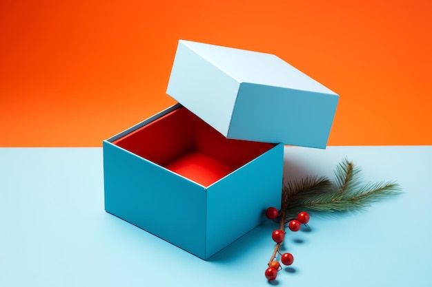 A blue box with a red ribbon and a branch of red berries on it.