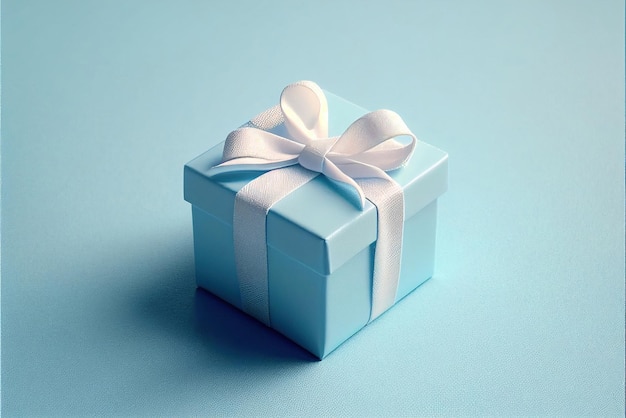 A blue box with a white ribbon and a white bow on it.