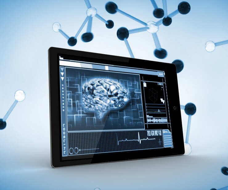 Photo blue brain on a digital tablet on a digitally generated background
