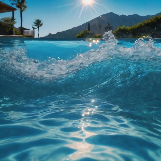 Blue and bright water surface and ripple wave with sun reflection in swimming pool