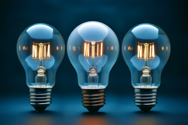 Photo blue brilliance energy saving lamp flanked by incandescent bulbs in row