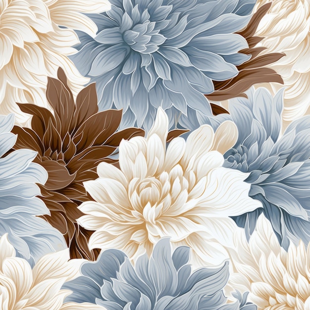 Blue And Brown Aster With White Border Repeating Pattern Print