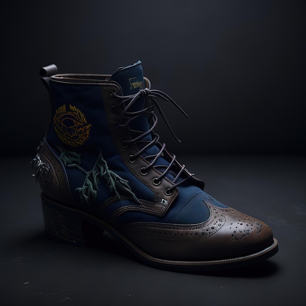 A blue and brown boot with the word harley davidson on it.