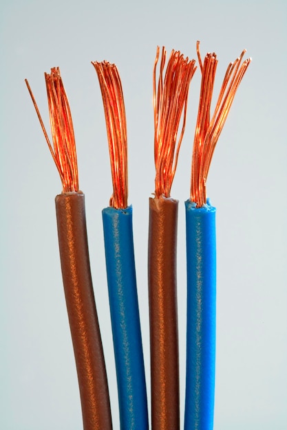 Blue and brown copper cables with bare copper wires