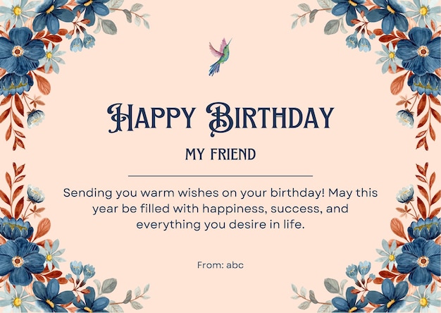 Blue Brown Illustrated Flower Happy Birthday wishing Card