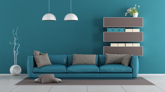 Blue and brown modern living room