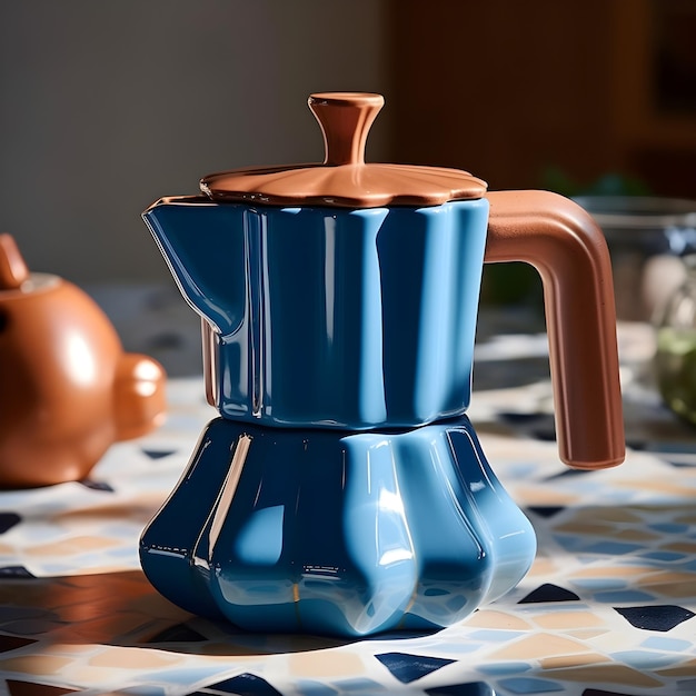 A blue and brown pot with a handle that says " espresso " on it.