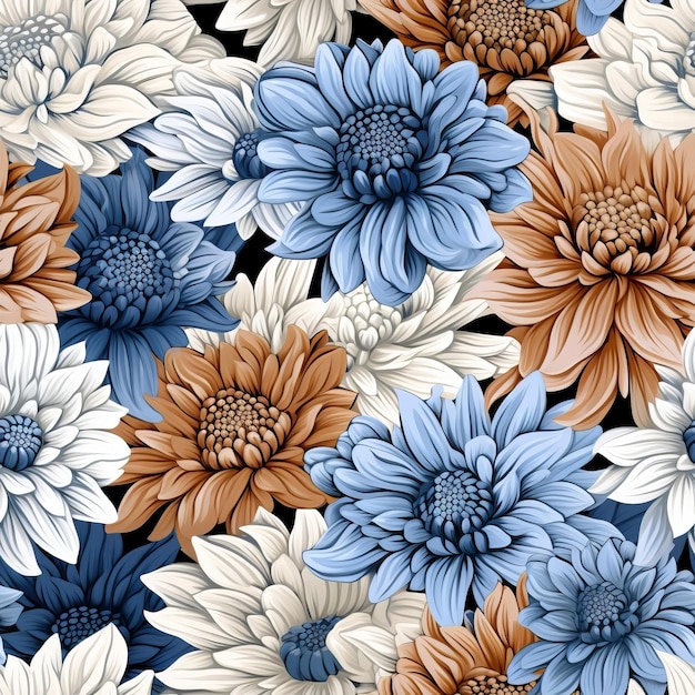 Blue And Brown Zinnia With White Border Repeating Pattern Print
