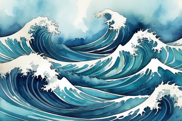 사진 윈테이지 스타일의 일본 바다 파도 패턴과 함께 파란색 브러쉬 스트로크 텍스처 수채색 텍스처 터와 함께 추상 예술 풍경 배너 디자인.