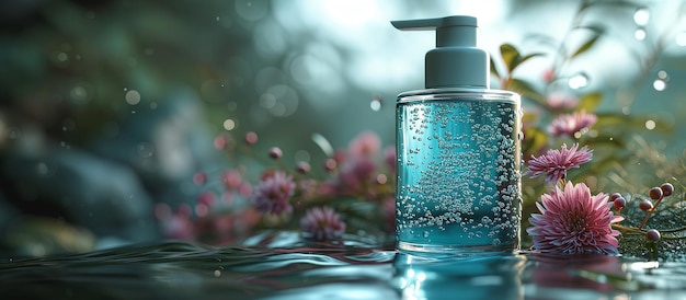 Голубые пузырьки и парфюмерная стеклянная бутылка на абстрактном фоне Подходит для напитков, косметики, концепций здравоохранения Векторная иллюстрация
