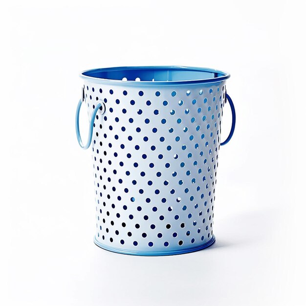 A blue bucket with black dots sits against a white background.