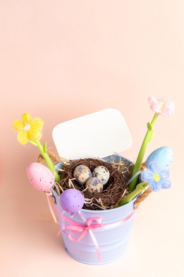 Photo blue bucket with nest of quail eggs decorative eggs flowers empty note on pastel pink mock up