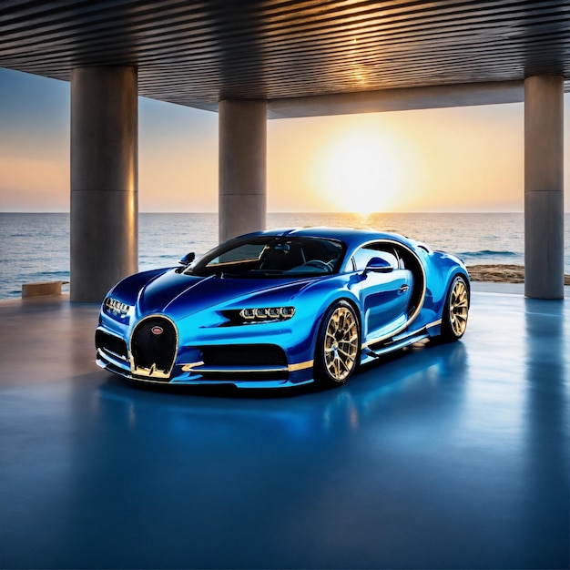 A Blue Bugatti Chiron Is Parked Near The Private Beach