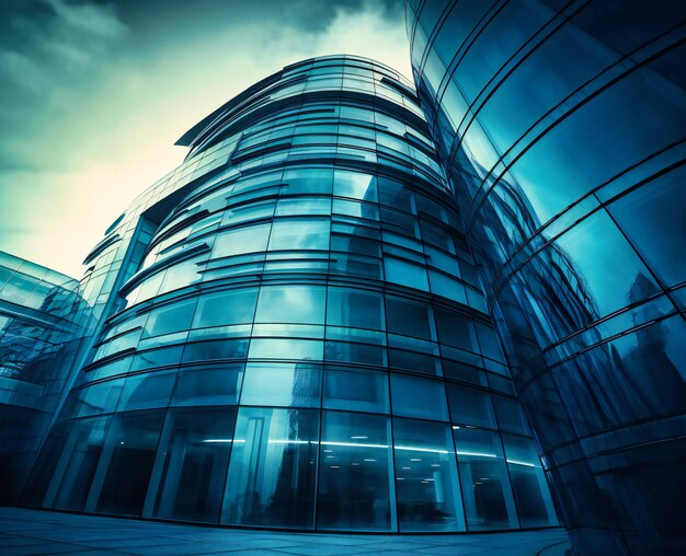 Foto un edificio blu con pareti di vetro curvo e cielo