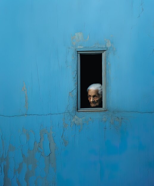 Photo a blue building with a face in the window