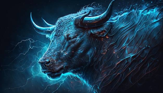 A blue bull with a lightning bolt in the background.