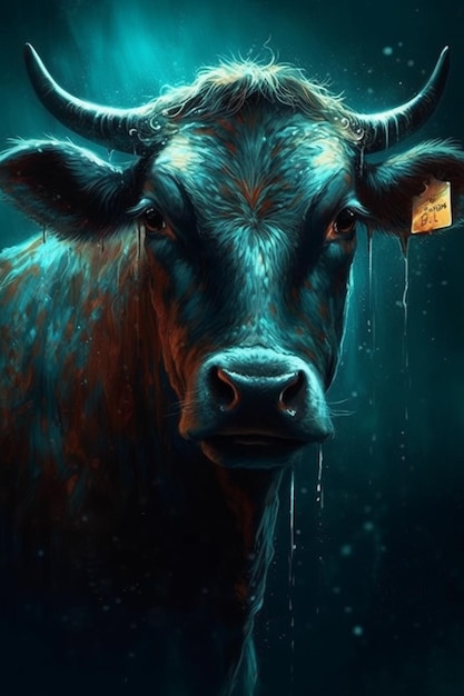 Синий бык с биркой, на которой написано «бык».