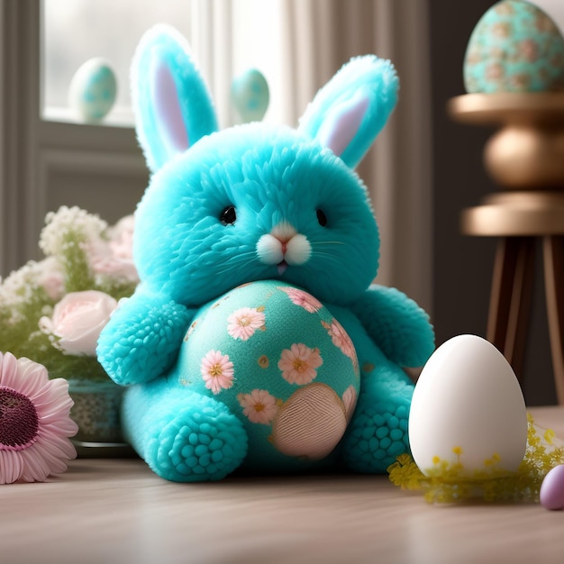 A blue bunny sits next to an egg on a table.