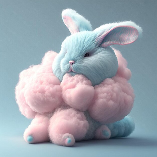 A blue bunny stuffed animal with pink and blue stripes.