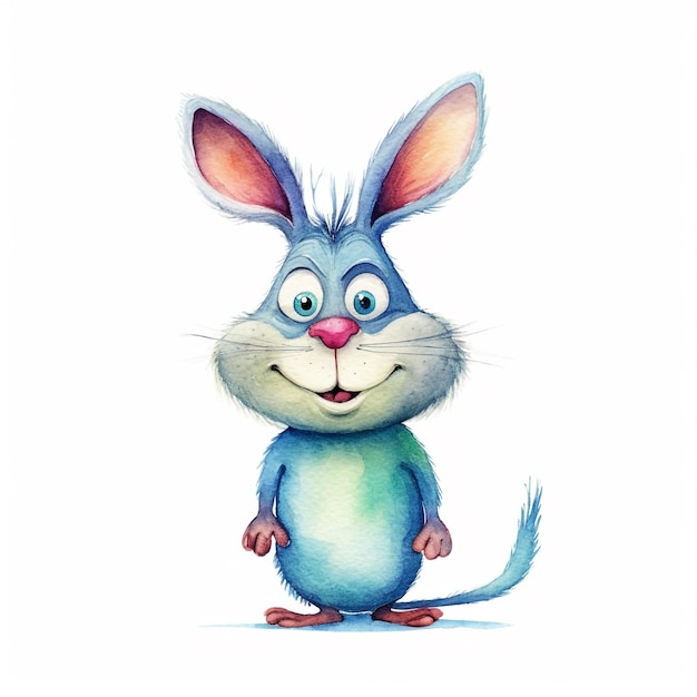 A blue bunny with a blue nose and a pink nose is standing on a white background.