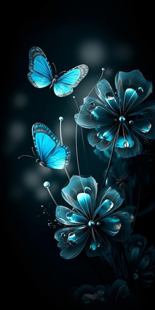 Синие бабочки на черном фоне