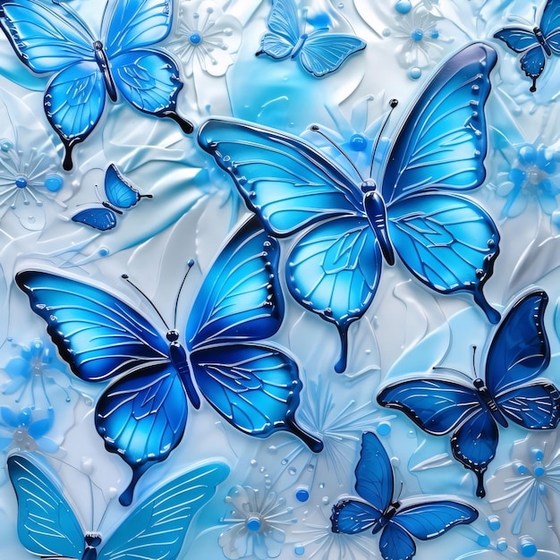 Photo blue butterflies and flowers on a blue background 3d rendering